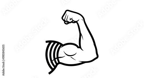 A stylized, bold black and white graphic depiction of a flexed, muscular arm showing strength, power, and the concept of fitness and the human physique, isolated on a white backdrop.