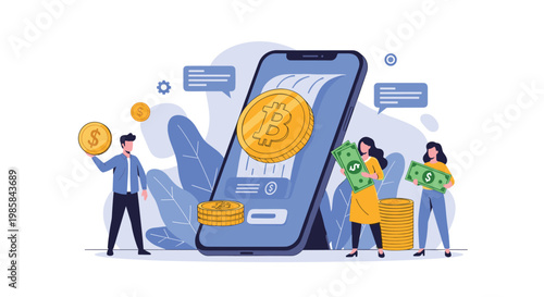 People performing cryptocurrency transactions on a giant smartphone featuring a large bitcoin and stacks of cash and coins.