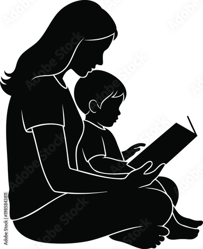 Mother and son reading book together sitting on floor vector illustration for family concept.