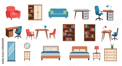 Diverse collection of modern furniture items for home and office interiors including sofas, desks, beds, and storage units.
