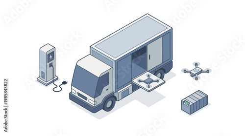 Isometric illustration of an automated delivery truck and robotic arm for industry