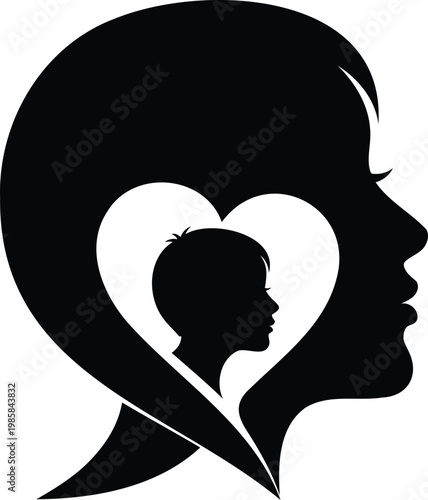Mother head silhouette with child head inside heart shape. mother love concept vector illustration.