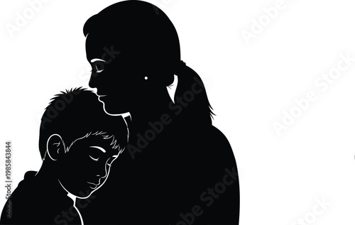 Mother embracing son silhouette vector illustration peaceful comforting moment.