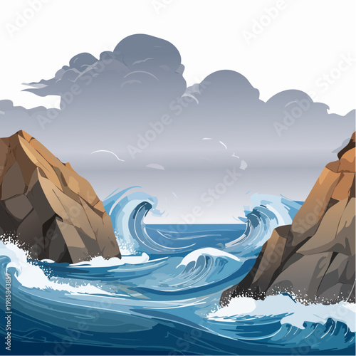 Eine dramatische, zerklüftete Küstenlandschaft mit rauen Felsen, gegen die gewaltige Wellen donnern. 