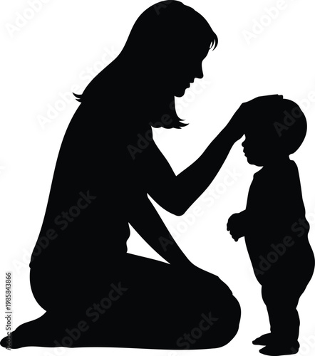 Mother touching childs head silhouette vector illustration of loving parent and kid vector.