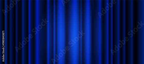 A blue theater curtain, a wavy velvet drape illuminated by a circular spotlight. Vector background for a luxurious Broadway show presentation or awards ceremony on stage.