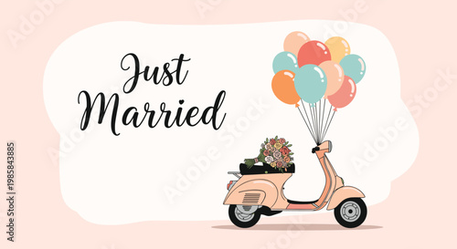 Just married announcement featuring a vintage scooter adorned with a bouquet of flowers and colorful floating balloons.