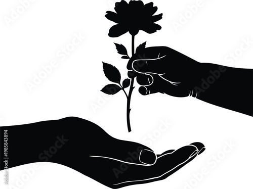 One hand giving rose flower to another hand. gesture of love and sharing vector illustration.