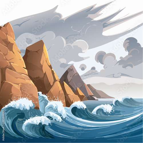 Eine dramatische, zerklüftete Küstenlandschaft mit rauen Felsen, gegen die gewaltige Wellen donnern. 