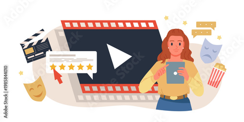 Female viewer using tablet to rate a movie with stars, surrounded by film elements, masks, popcorn, and play icon, isolated on white background vector illustration