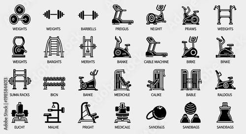 Minimalist icon set showcasing a variety of contemporary gym equipment essentials, fitness tools, and workout machines, presented in a clean, vector graphic style on a neutral background, su
