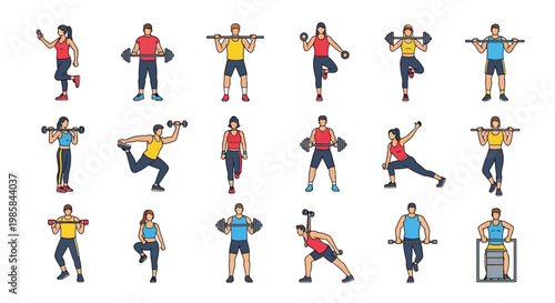 Diverse Group Of People Performing Various Strength Training Exercises With Weights And Equipment For Fitness And Health Activities
