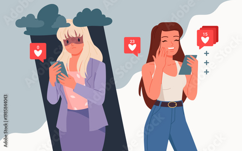 Two women reacting differently to social media likes, one sad with zero likes and one happy with many, highlighting emotional impact of online validation vector illustration