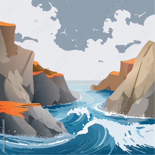 Eine dramatische, zerklüftete Küstenlandschaft mit rauen Felsen, gegen die gewaltige Wellen donnern. 