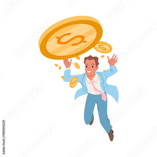 Businessman in blue suit celebrating wealth with large gold coin and flying money, expressing financial success, isolated on white background vector illustration