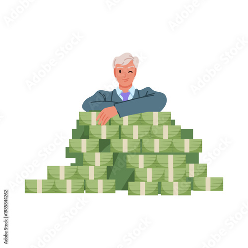 Confident senior businessman leaning on large piles of cash, representing financial success, wealth, and prosperity, isolated on white background vector illustration