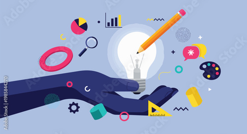 Abstract illustration of a hand holding a glowing lightbulb with business icons, flat design, suitable for business plans, brainstorming, and creative concepts.