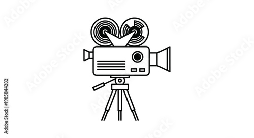 Minimalist black and white line art icon of a classic film movie camera mounted on a tripod for cinematography.