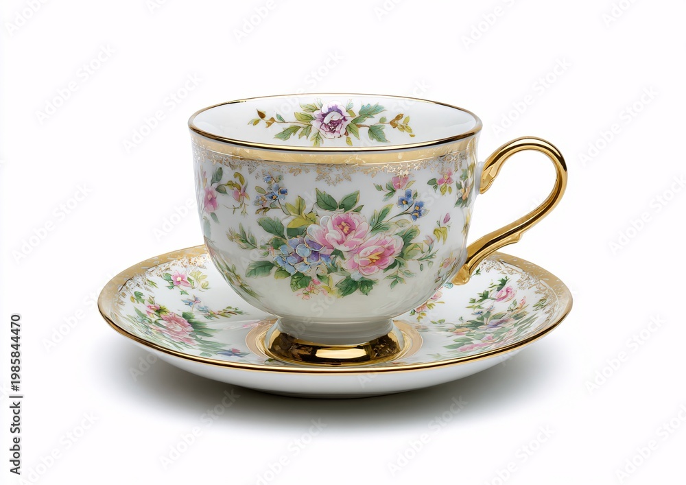 Fototapeta premium Porcelain teacup and saucer with floral pattern on white