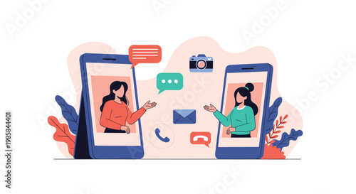 Two young women having a video call on large smartphones with various communication icons like camera, message, phone, and mail floating around.