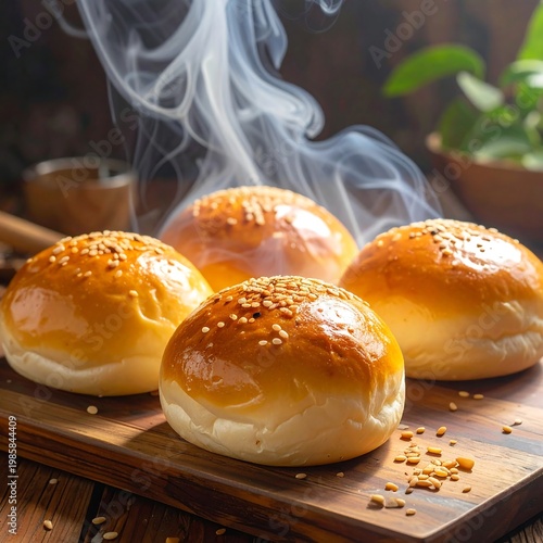 Steaming buns on wooden board