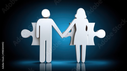 A symbolic representation of a couple holding hands, depicted as puzzle pieces fitting together against a dark blue background.