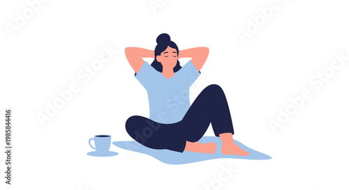 A woman sitting on the floor relaxing with a cup of coffee. EPS Editable. Vector Illustrations.