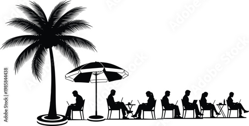 Palm tree umbrella workspace icon illustration, remote work lifestyle artwork design, leisure productivity concept, black white professional symbol graphic representation