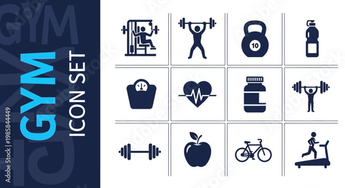 Collection of exercise and fitness icons representing gym activities and healthy lifestyle choices for fitness application or website design