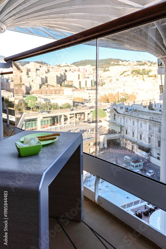 Cruise ship balcony with breakfast and ocean view