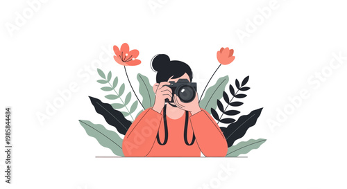 A woman taking a photograph with a camera in her hands. EPS Editable. Vector Illustrations.