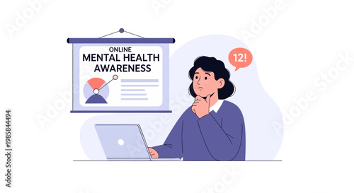 A woman thinking during an online mental health awareness presentation. EPS Editable. Vector Illustrations.