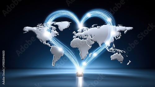 A heart-shaped design formed by light connections on a world map, symbolizing global love and unity.