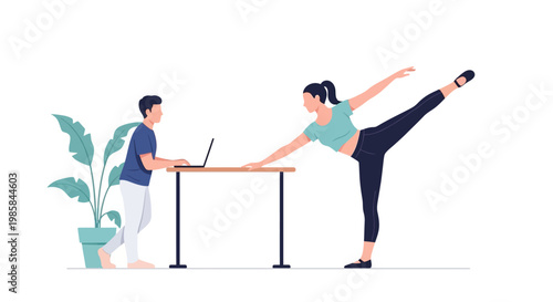 A man working on a laptop while a woman practices ballet at a desk. EPS Editable. Vector Illustrations.