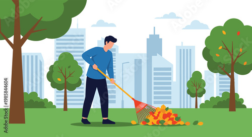 Man raking a pile of colorful autumn leaves in a city park with green trees and a modern building skyline under a cloudy blue sky.