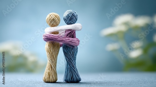 Two colorful thread figures embrace, symbolizing love and connection against a soft, blurred background.