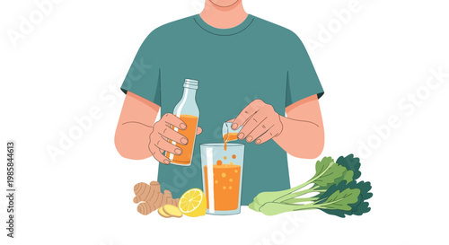 A man preparing a fresh healthy drink with orange juice ginger and celery. EPS Editable. Vector Illustrations.