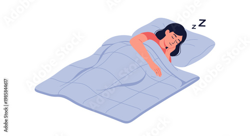 A peaceful woman sleeping soundly under a cozy blue blanket in bed. EPS Editable. Vector Illustrations.