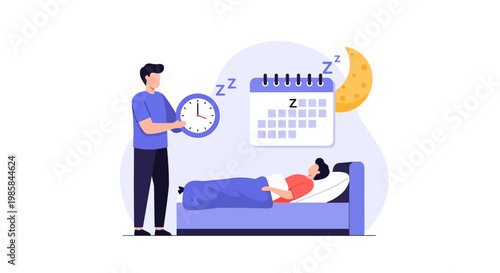 A person observing a sleeping individual with a clock and calendar representing sleep schedule. EPS Editable. Vector Illustrations.