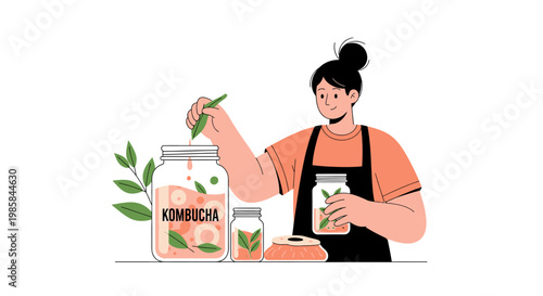 A person preparing homemade kombucha in glass jars. EPS Editable. Vector Illustrations.