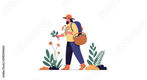 A person with a backpack and basket collecting wild flowers in a field. EPS Editable. Vector Illustrations.