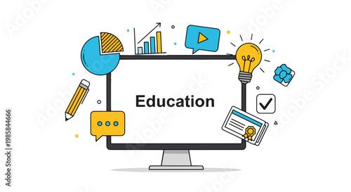 Flat illustration of a computer with "Education" displayed, surrounded by education icons, ideal for educational websites, online learning platforms and course promotions.