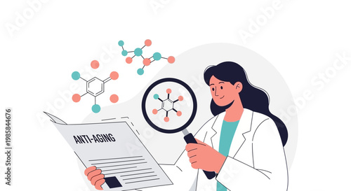 A scientist examines anti aging research through a magnifying glass. EPS Editable. Vector Illustrations.