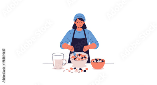 A professional female chef preparing a healthy meal in the kitchen. EPS Editable. Vector Illustrations.