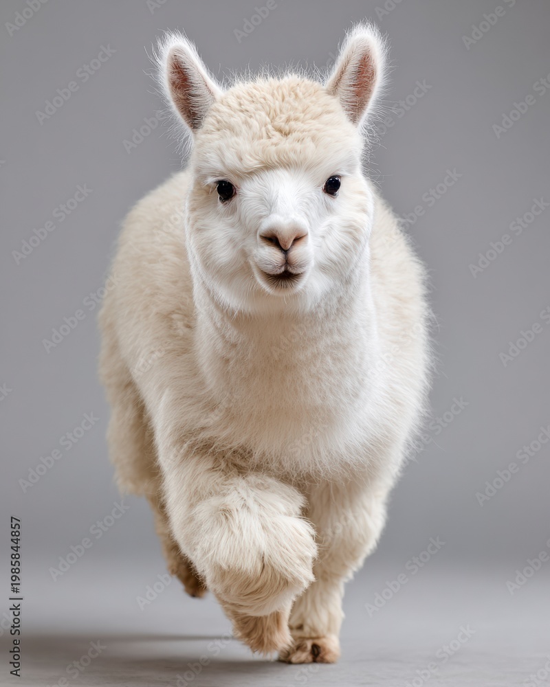 Fototapeta premium Charming White Animal with Soft Fur Walking Towards Camera with Grey Background