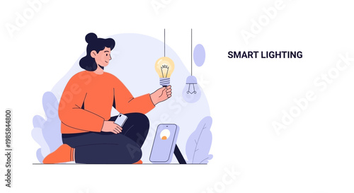 A woman controlling smart lighting with a mobile app. EPS Editable. Vector Illustrations.