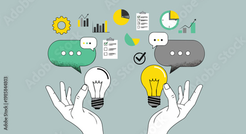 Hands holding lightbulbs with dialog bubbles, charts and clock on cyan background, concept for brainstorming, creative ideas, and business innovation.