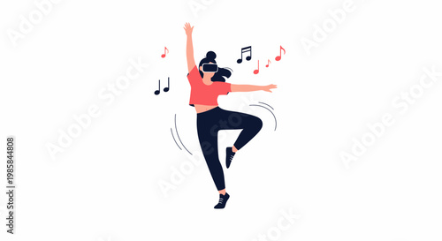 A woman dancing while wearing virtual reality goggles in a stylized illustration. EPS Editable. Vector Illustrations.