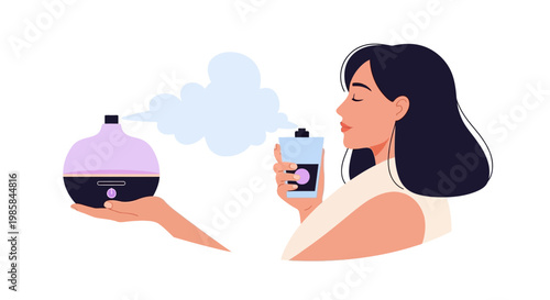 A woman enjoying aromatherapy and holding a diffuser device. EPS Editable. Vector Illustrations.