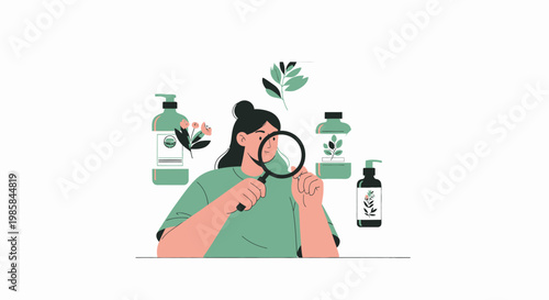 A woman examining natural organic skincare products with a magnifying glass. EPS Editable. Vector Illustrations.